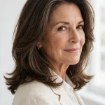 late-fifties woman, upward-angled lob, layers framing cheekbones, root volume, bright white studio, three-quarter angle