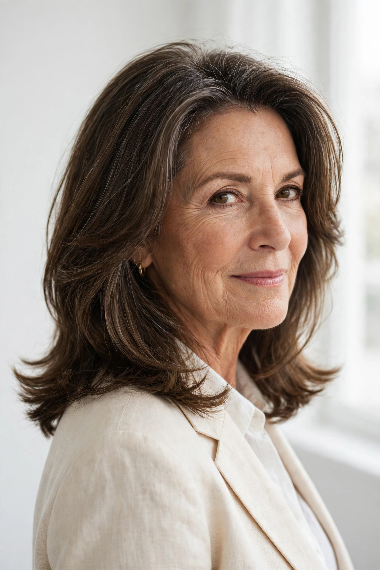 late-fifties woman, upward-angled lob, layers framing cheekbones, root volume, bright white studio, three-quarter angle