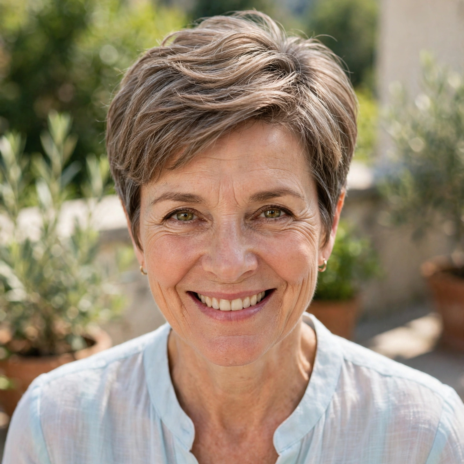 mid-fifties woman, high-crown pixie with softly swept top, pastel blouse, sunny terrace, straight-on