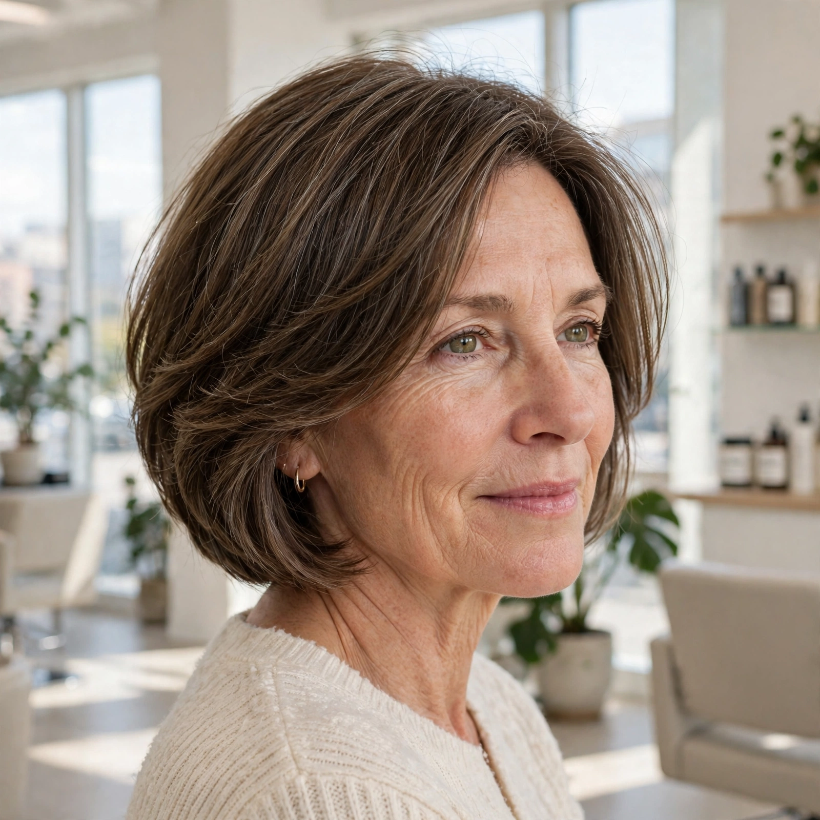 late-fifties woman, cheekbone-skimming layered bob, bright salon with large windows, three-quarter angle
