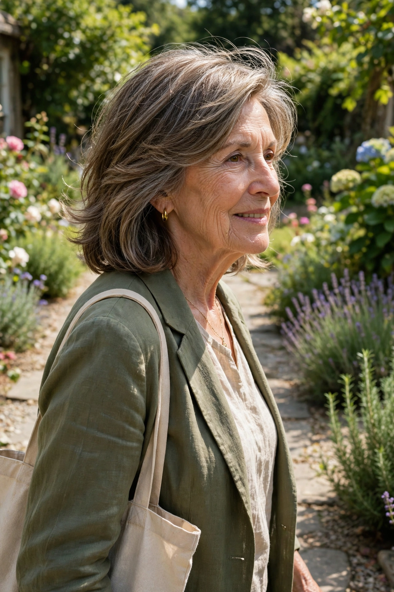 early-sixties woman, diagonal-parted shoulder-length cut with soft lifted layers, sunlit garden path, slight side angle