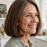 mid-fifties woman, blunt bob with thick full ends, bright modern kitchen with white cabinets, three-quarter angle