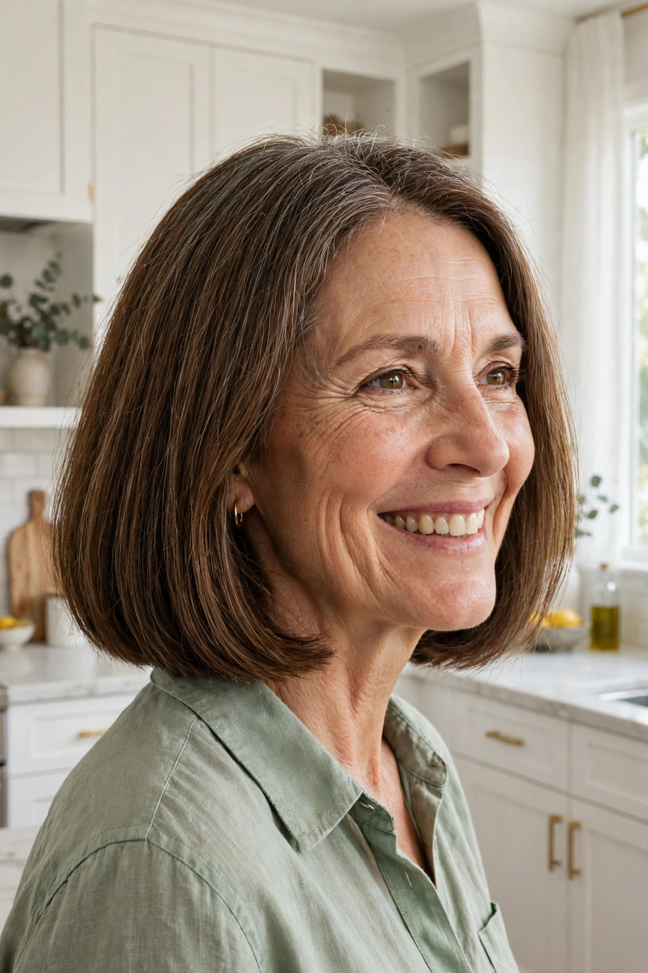 mid-fifties woman, blunt bob with thick full ends, bright modern kitchen with white cabinets, three-quarter angle