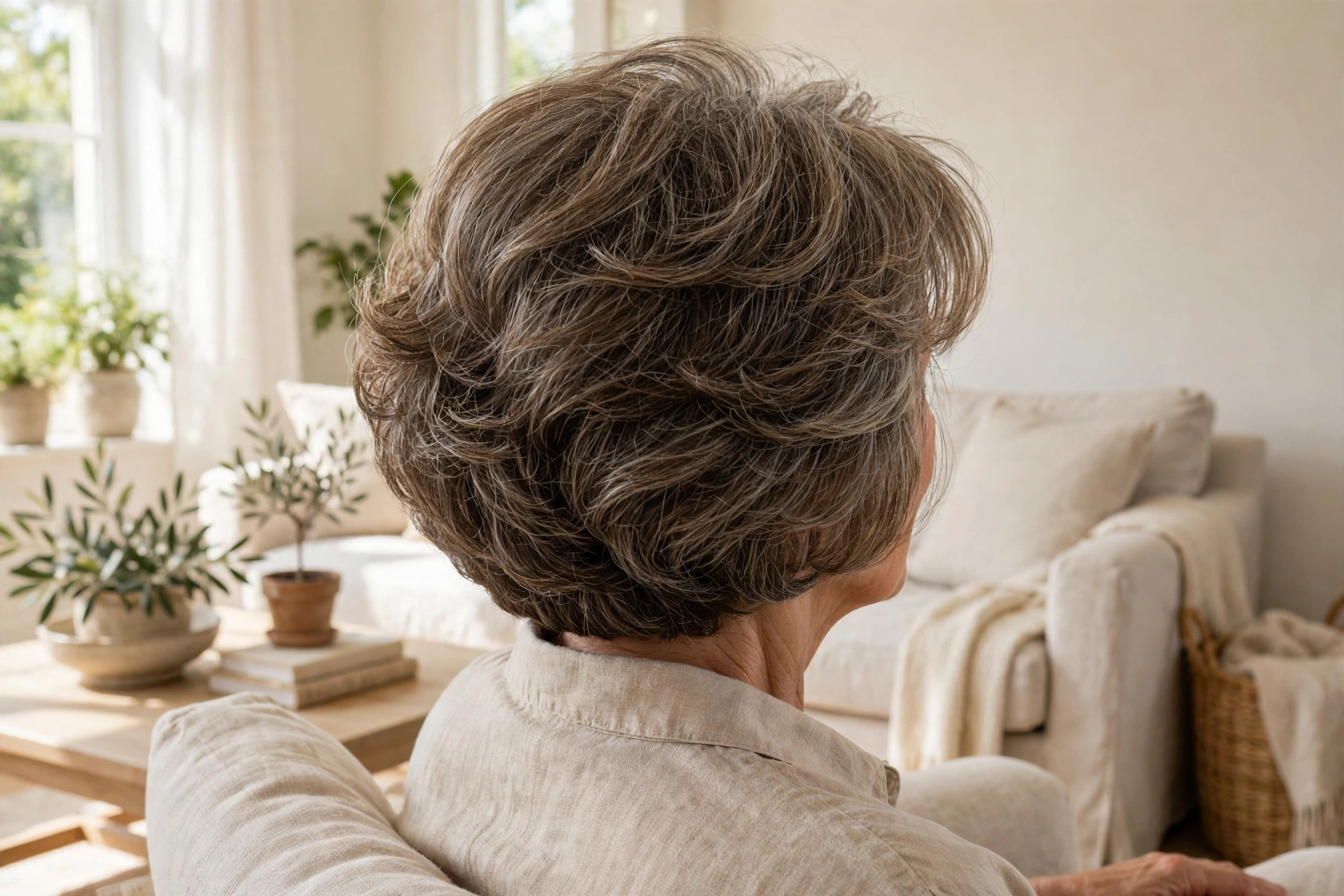 late-fifties woman, stacked bob with rounded full back, sunlit living room, side-back angle showing volume
