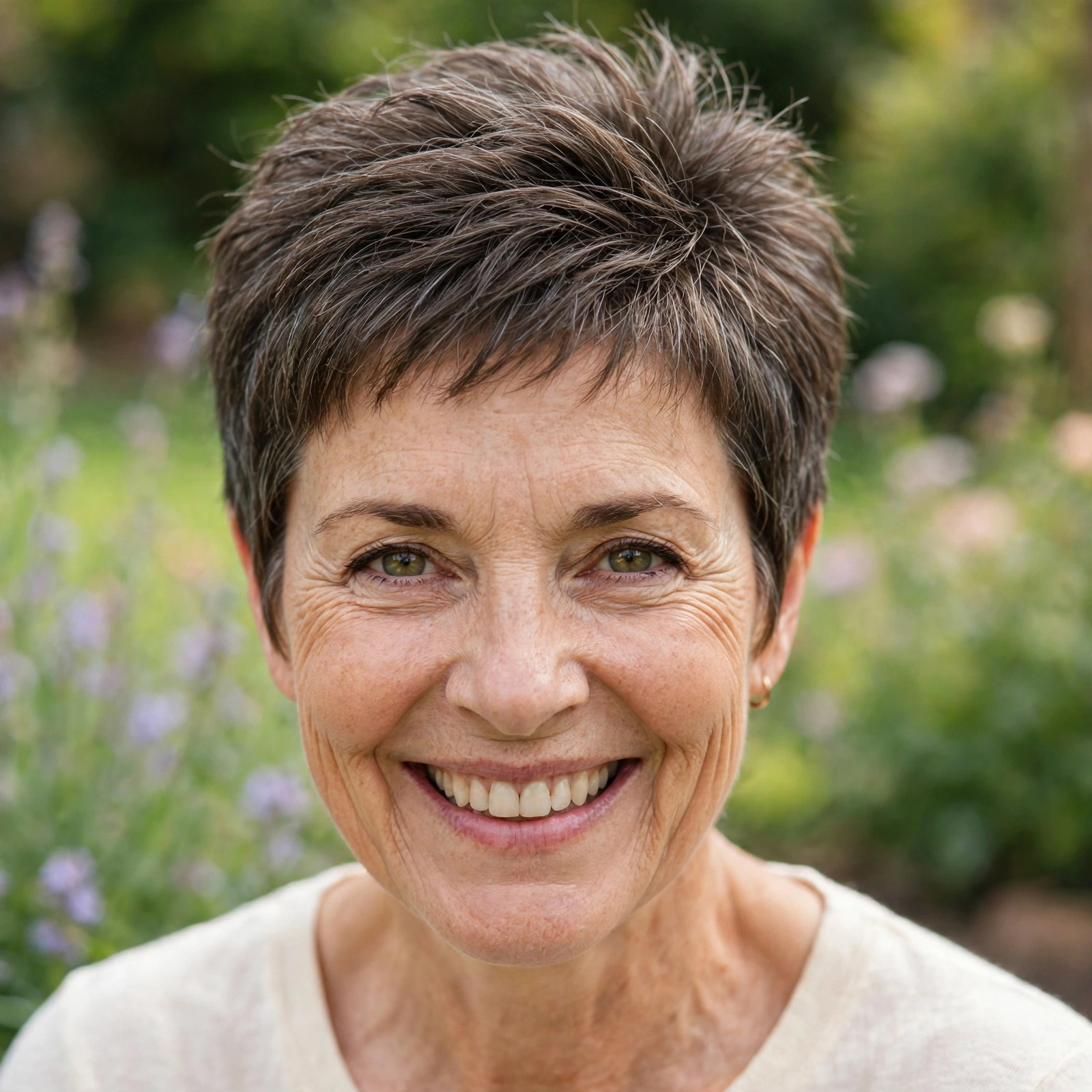 early-fifties woman, short pixie with full lifted crown, cream top, bright garden, straight-on
