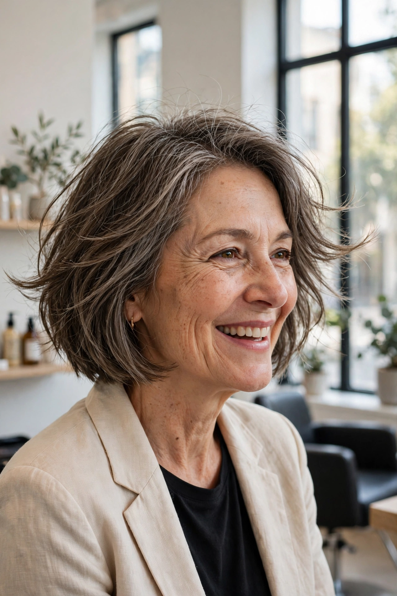 mid-fifties woman, textured chin-length bob with airy movement, laughing gently, bright salon, three-quarter angle