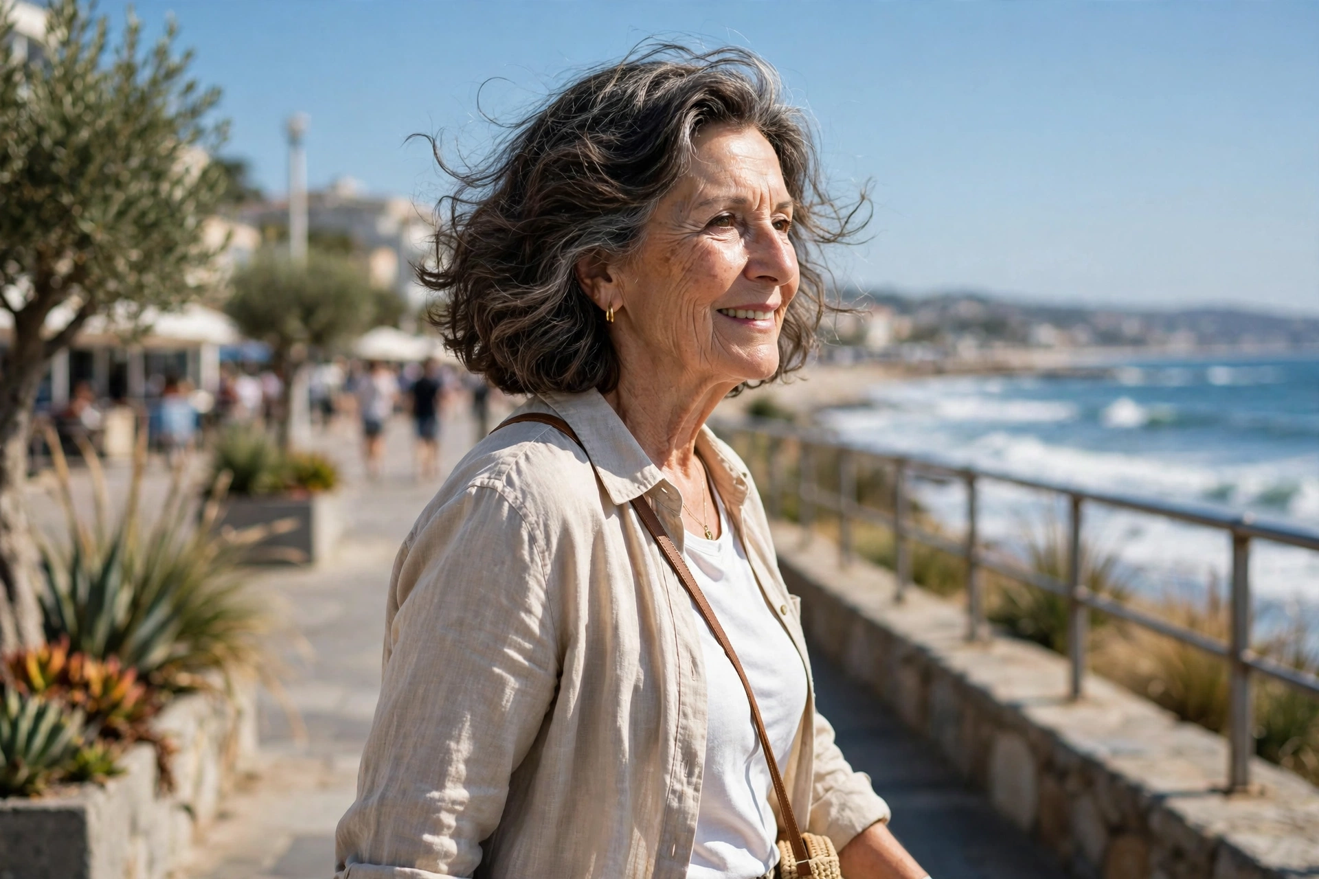 late-fifties woman, full-bodied wavy bob, sunny seaside promenade, slight side angle showing waves and volume
