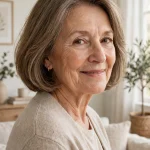 mid-sixties woman, soft rounded bob with lightly feathered ends, soft smile, bright cozy living room, three-quarter angle