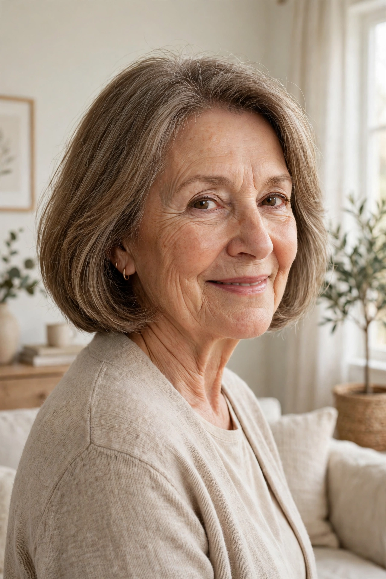 mid-sixties woman, soft rounded bob with lightly feathered ends, soft smile, bright cozy living room, three-quarter angle