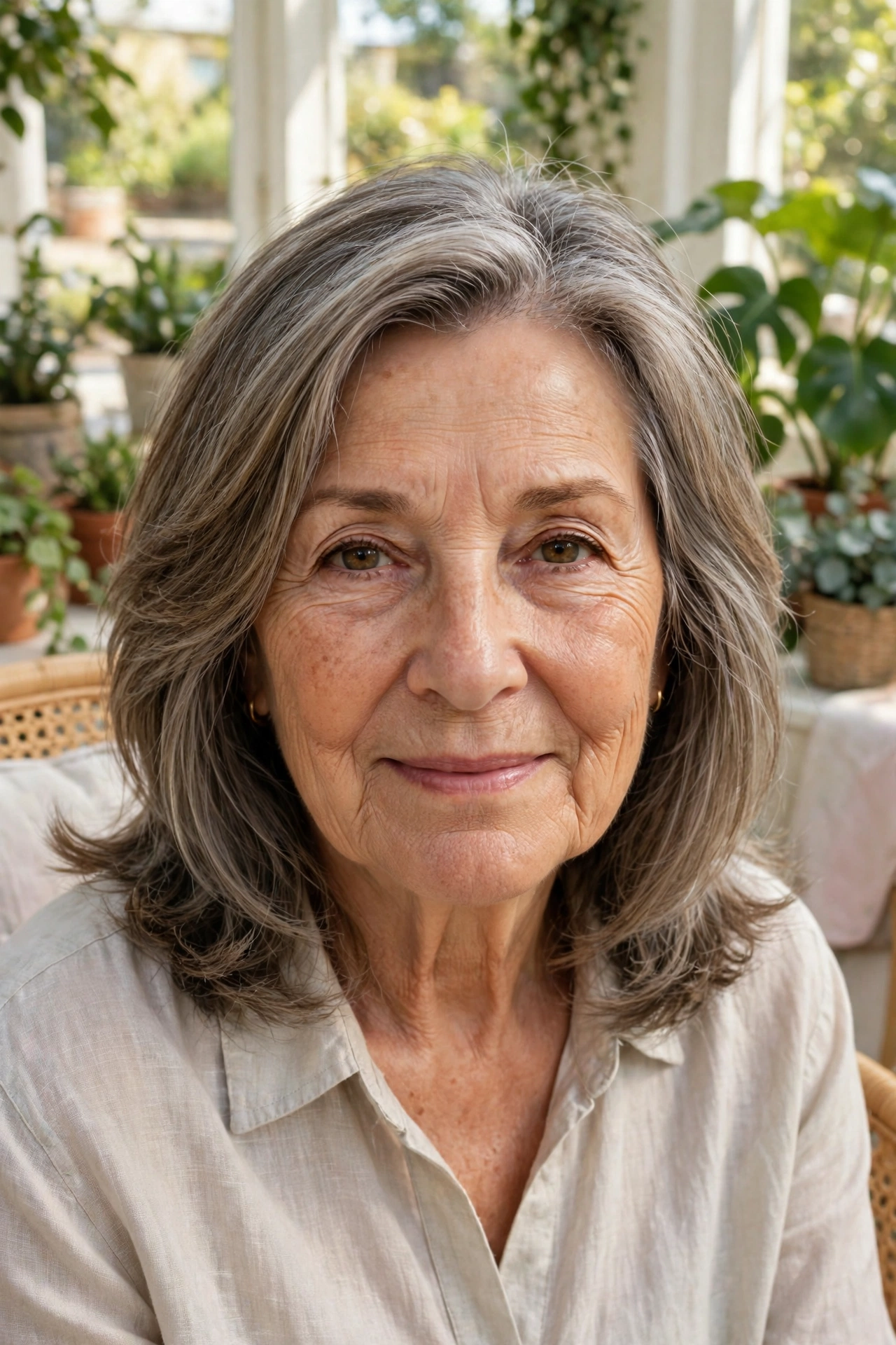 late-sixties woman, gentle shoulder-length cut with long soft layers, sunlit garden room with plants, straight-on