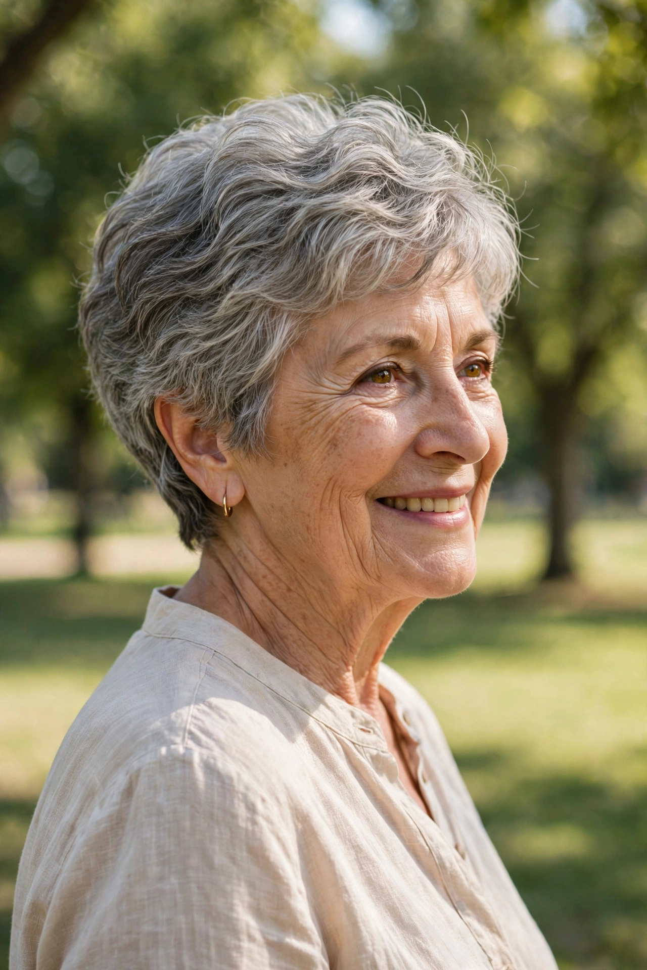 early-sixties woman, cloud-soft pixie with rounded edges, light blouse, sunny park, slight side angle