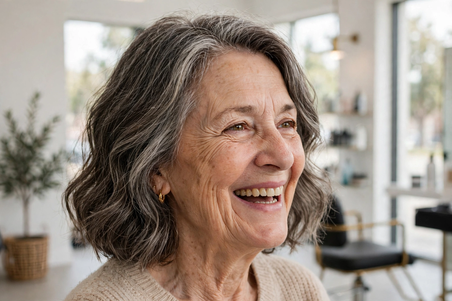 mid-sixties woman, soft wavy lob, laughing gently, bright modern salon, three-quarter angle