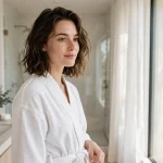 woman with shoulder-length textured lob in bright modern bathroom near large window, freshly washed hair drying naturally with soft waves, white robe, gentle morning light, three-quarter front angle