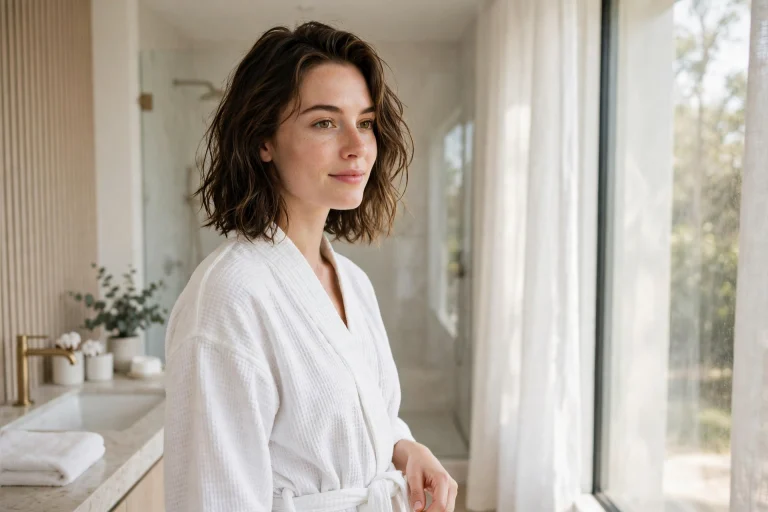 woman with shoulder-length textured lob in bright modern bathroom near large window, freshly washed hair drying naturally with soft waves, white robe, gentle morning light, three-quarter front angle