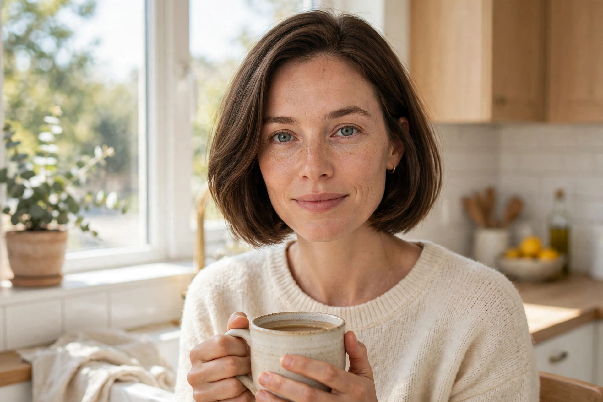 woman with chin-length rounded bob by sunny kitchen window holding coffee mug, smooth naturally dried hair with soft inward curve, cream sweater, front eye level