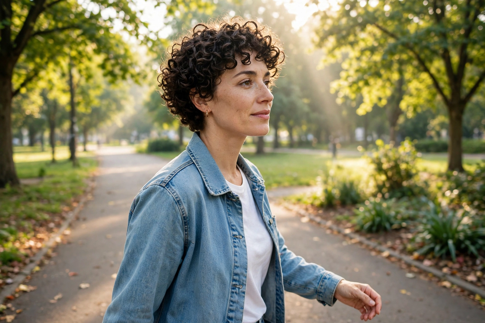 woman with short curly rounded crop walking bright park path in morning, defined bouncy curls after washing, light denim jacket, slight side angle