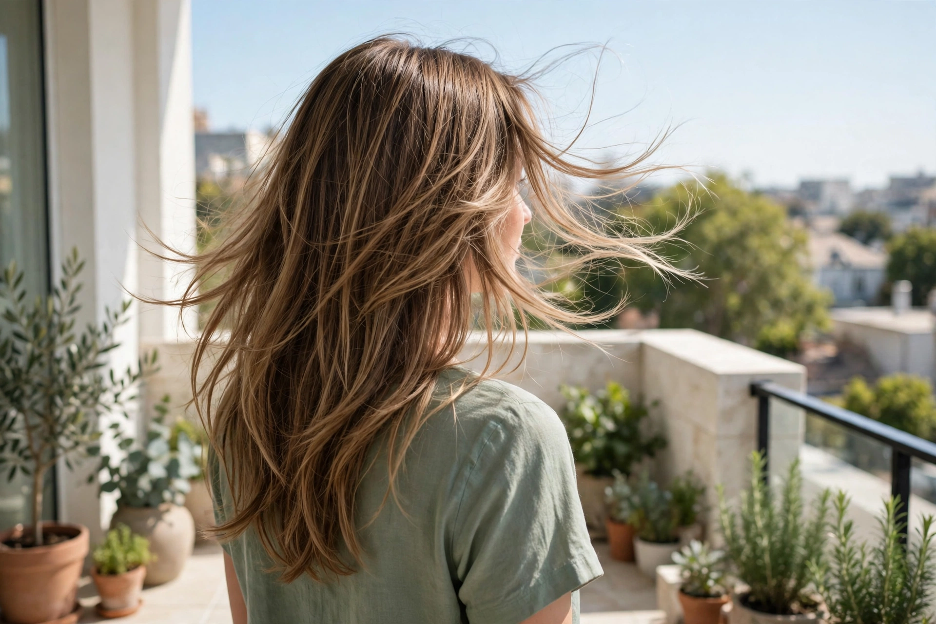 woman with long layered hair on light-filled balcony, airy natural layers after air drying, sage top, gentle breeze, from behind three-quarter angle