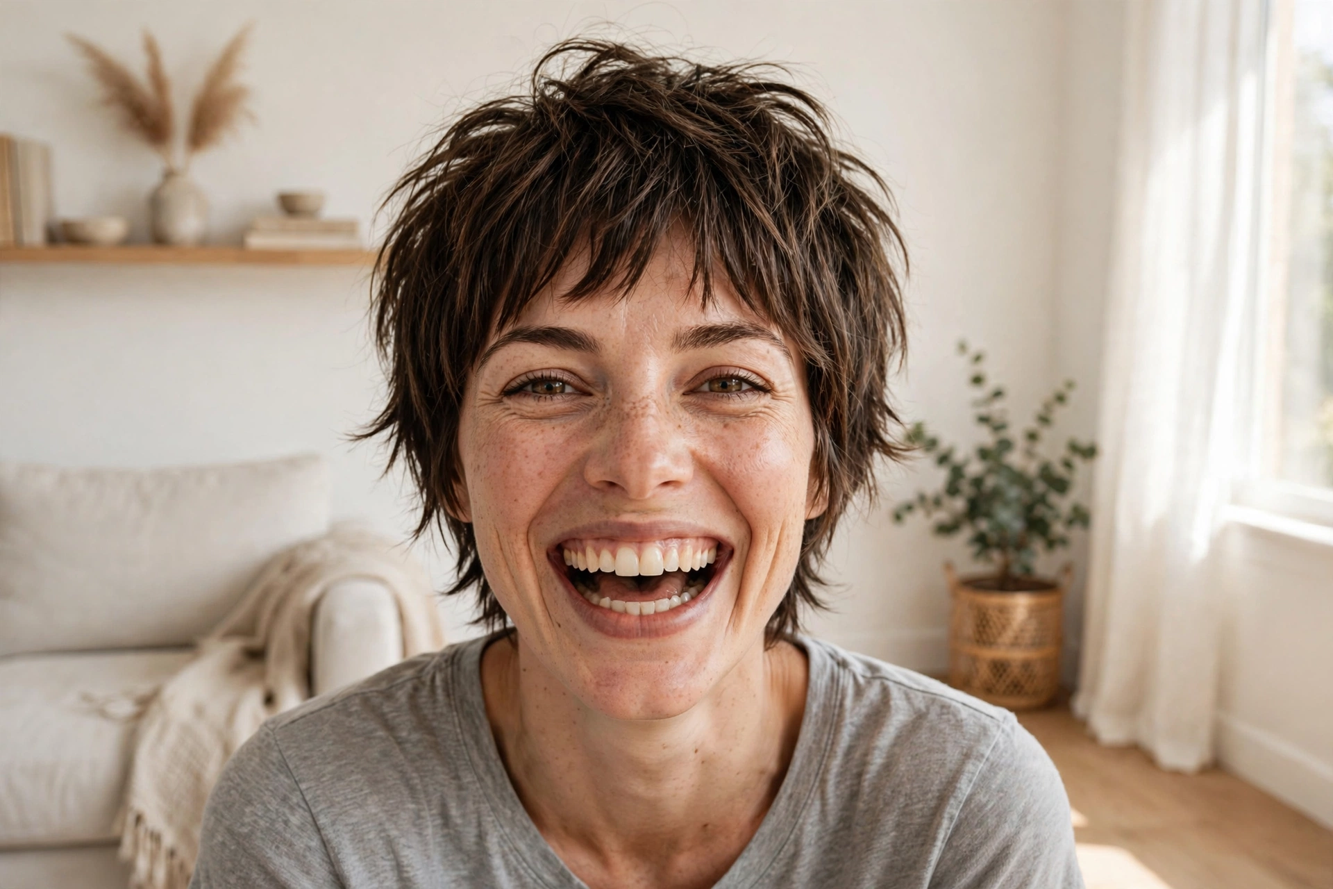 woman with shaggy pixie laughing in bright minimal living room, piecey layers textured naturally without heat styling, gray tee, front eye level