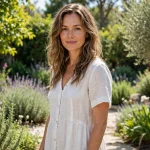 woman with long layered wavy hair in bright sunlit garden, hair air drying naturally with soft loose waves, white linen dress, three-quarter front angle