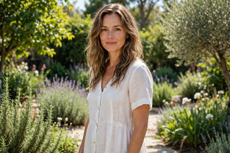 woman with long layered wavy hair in bright sunlit garden, hair air drying naturally with soft loose waves, white linen dress, three-quarter front angle