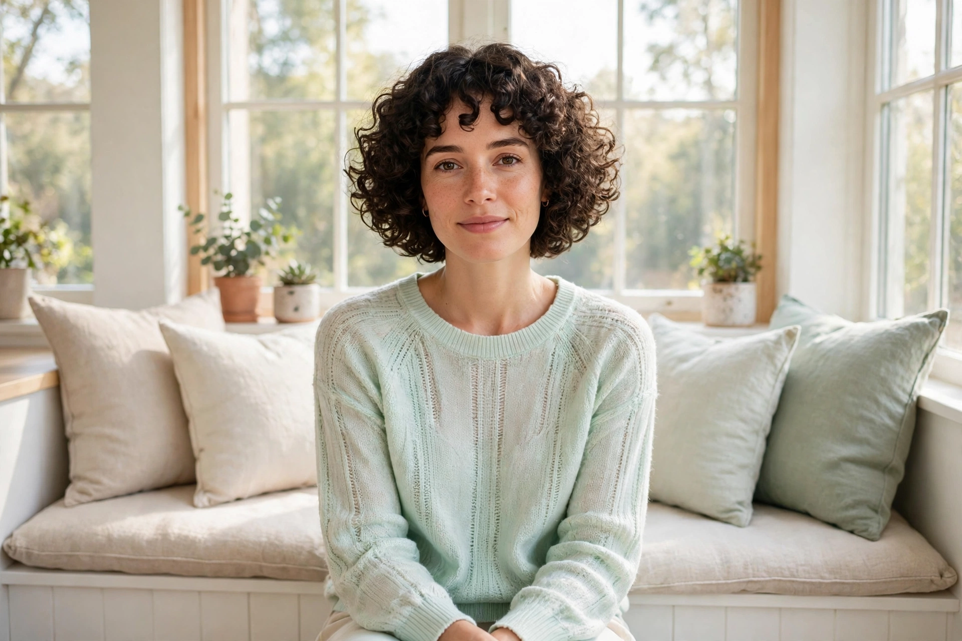 woman with curly bob on bright window seat, curls air dried into defined rounded shape, pastel knit top, front eye level