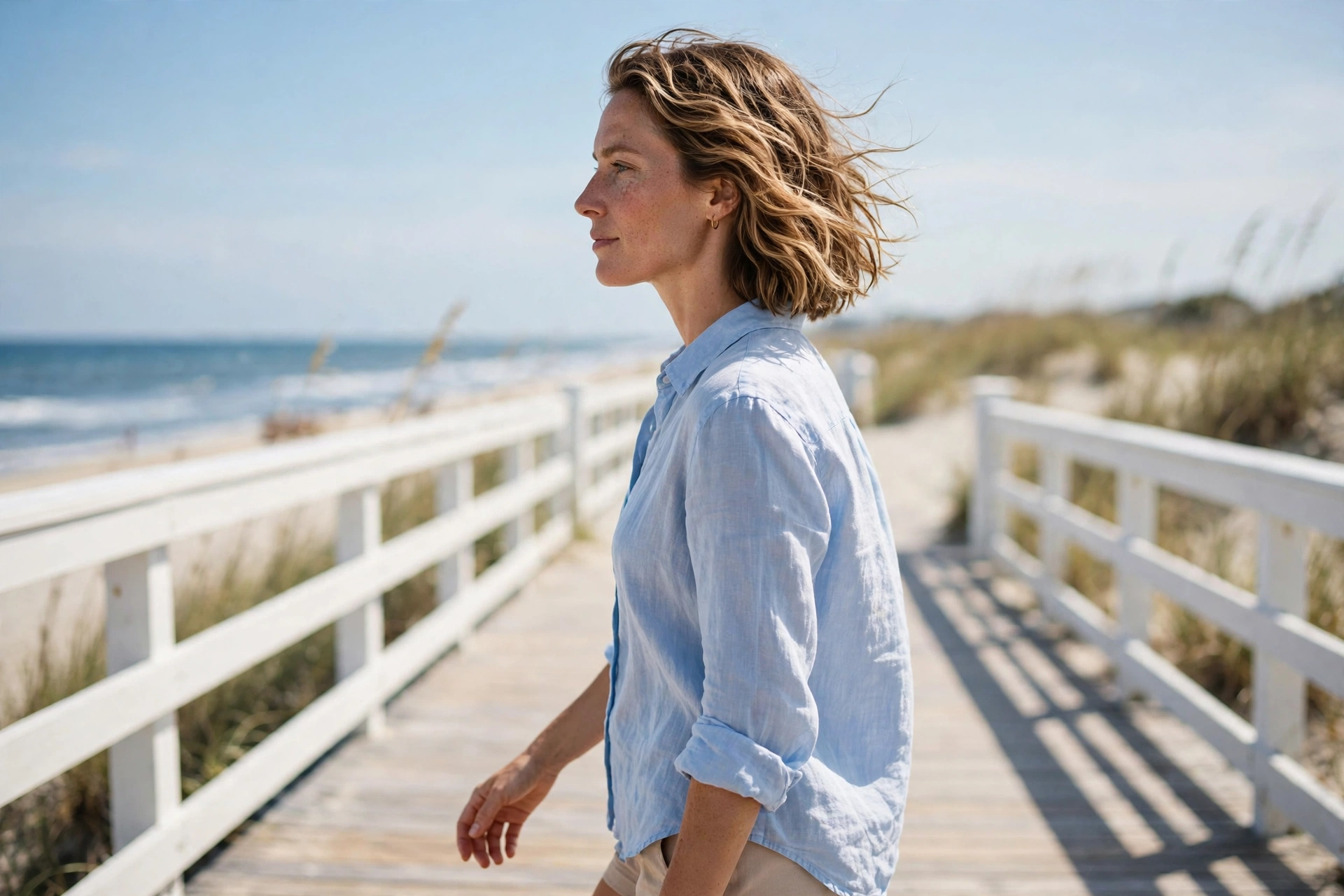 woman with wavy lob walking bright beach boardwalk, hair drying naturally with loose beachy bends, light blue shirt, side angle