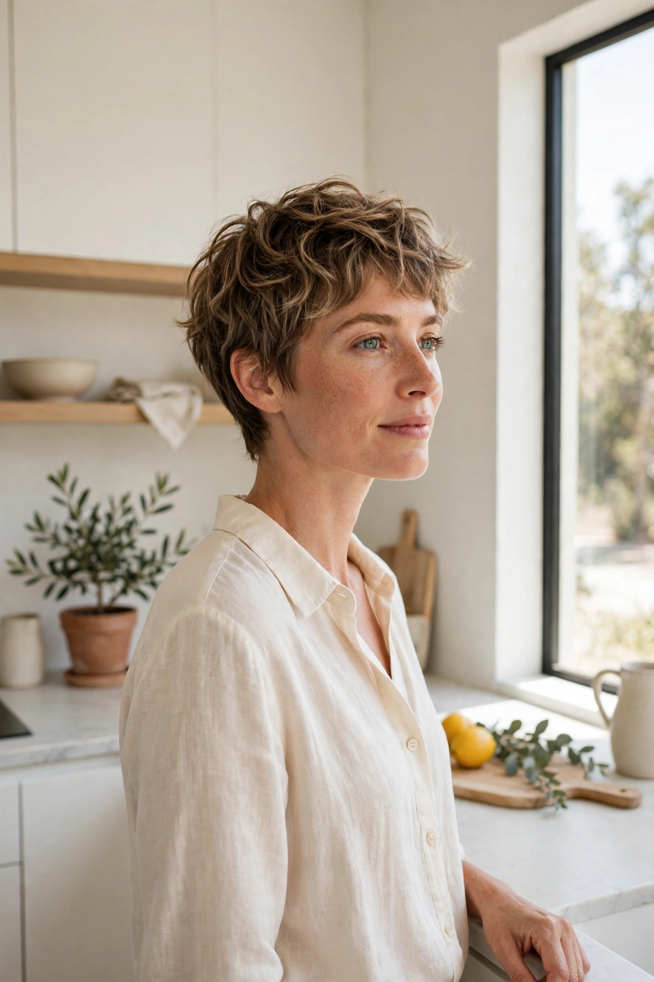 woman with textured pixie for natural waves in bright minimalist kitchen, short waves drying softly on top, cream blouse, three-quarter angle