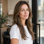 woman with long layered hair grown out softly and evenly in bright modern salon doorway, hair falling naturally past shoulders with blended layers, white top, three-quarter front angle