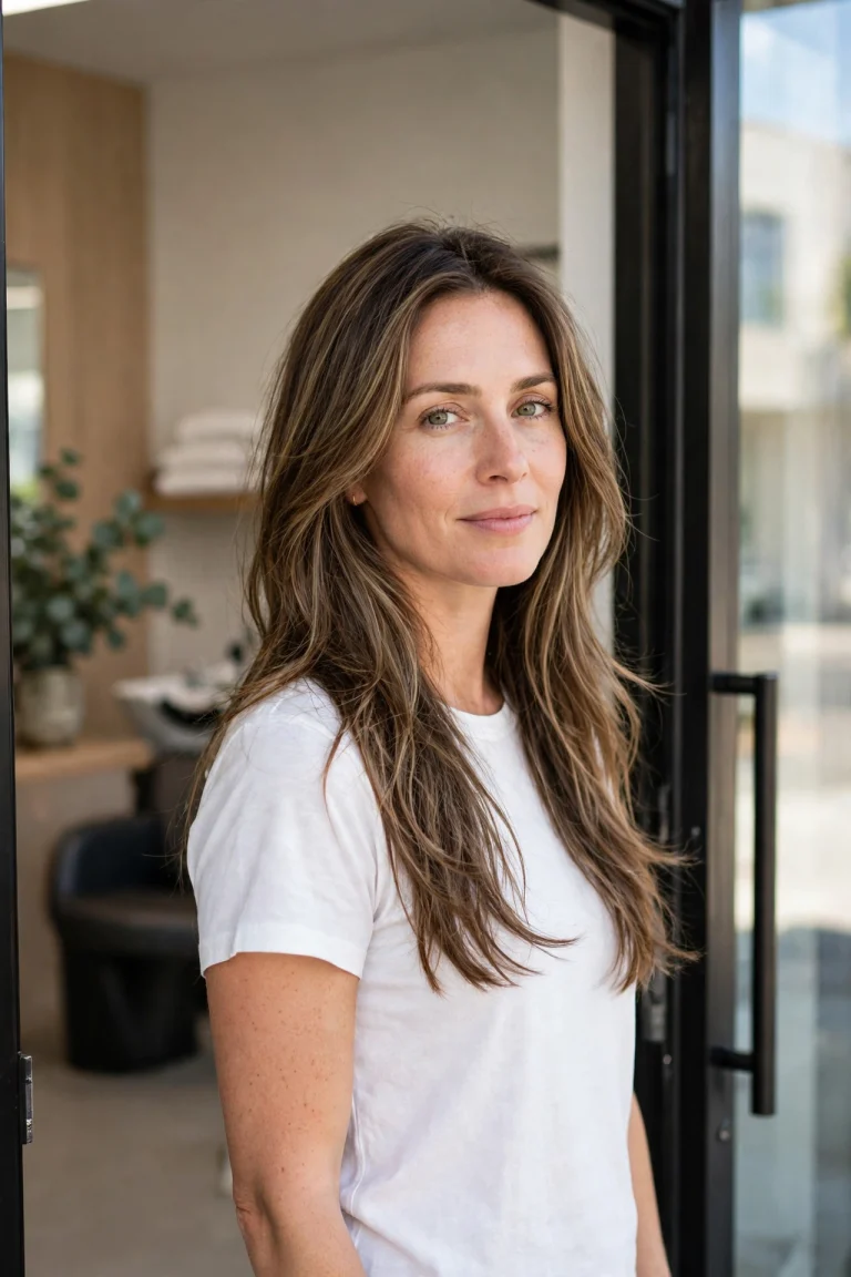 woman with long layered hair grown out softly and evenly in bright modern salon doorway, hair falling naturally past shoulders with blended layers, white top, three-quarter front angle