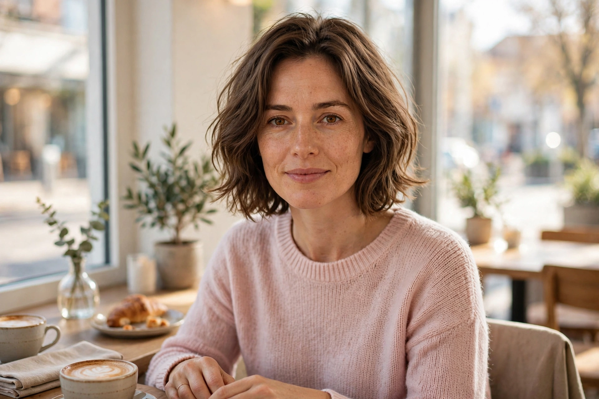 woman with textured bob growing into lob in bright café by window, soft layered ends falling just above shoulders, light pink sweater, front eye level