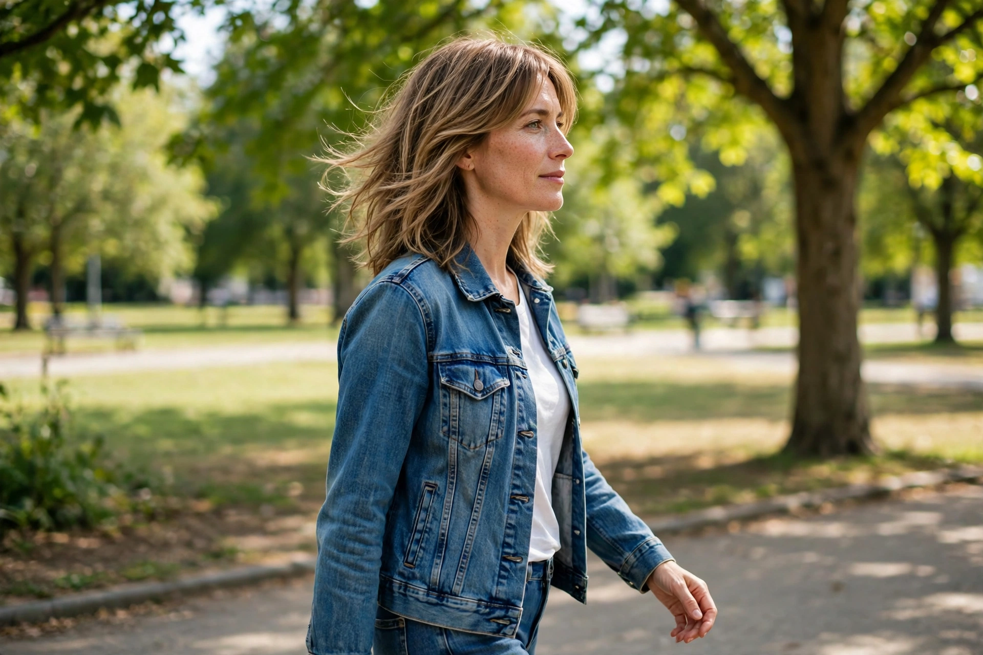 woman with soft shag grown out gracefully walking bright park, relaxed layered hair with natural movement, denim jacket, side angle