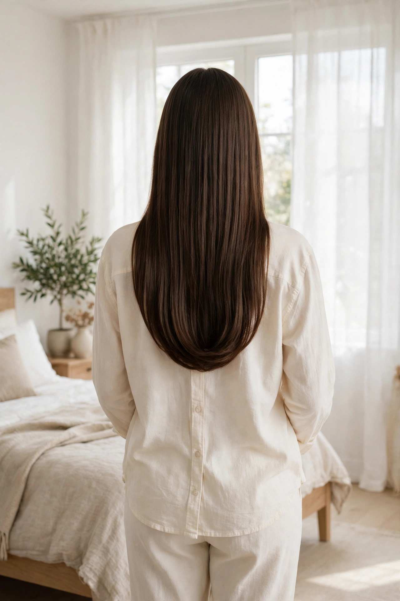 woman with long U-shaped cut in bright airy bedroom, hair falling in smooth curved shape down the back, cream loungewear, from behind