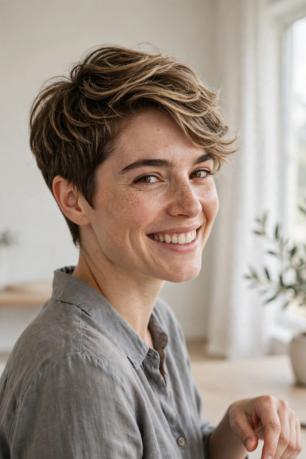woman with grow-out pixie transition cut smiling in bright minimalist studio, soft textured short hair with longer layers on top, gray blouse, three-quarter angle
