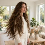 woman with long layered thick hair in bright modern living room, hair falling in full airy layers with natural movement, cream sweater, three-quarter front angle