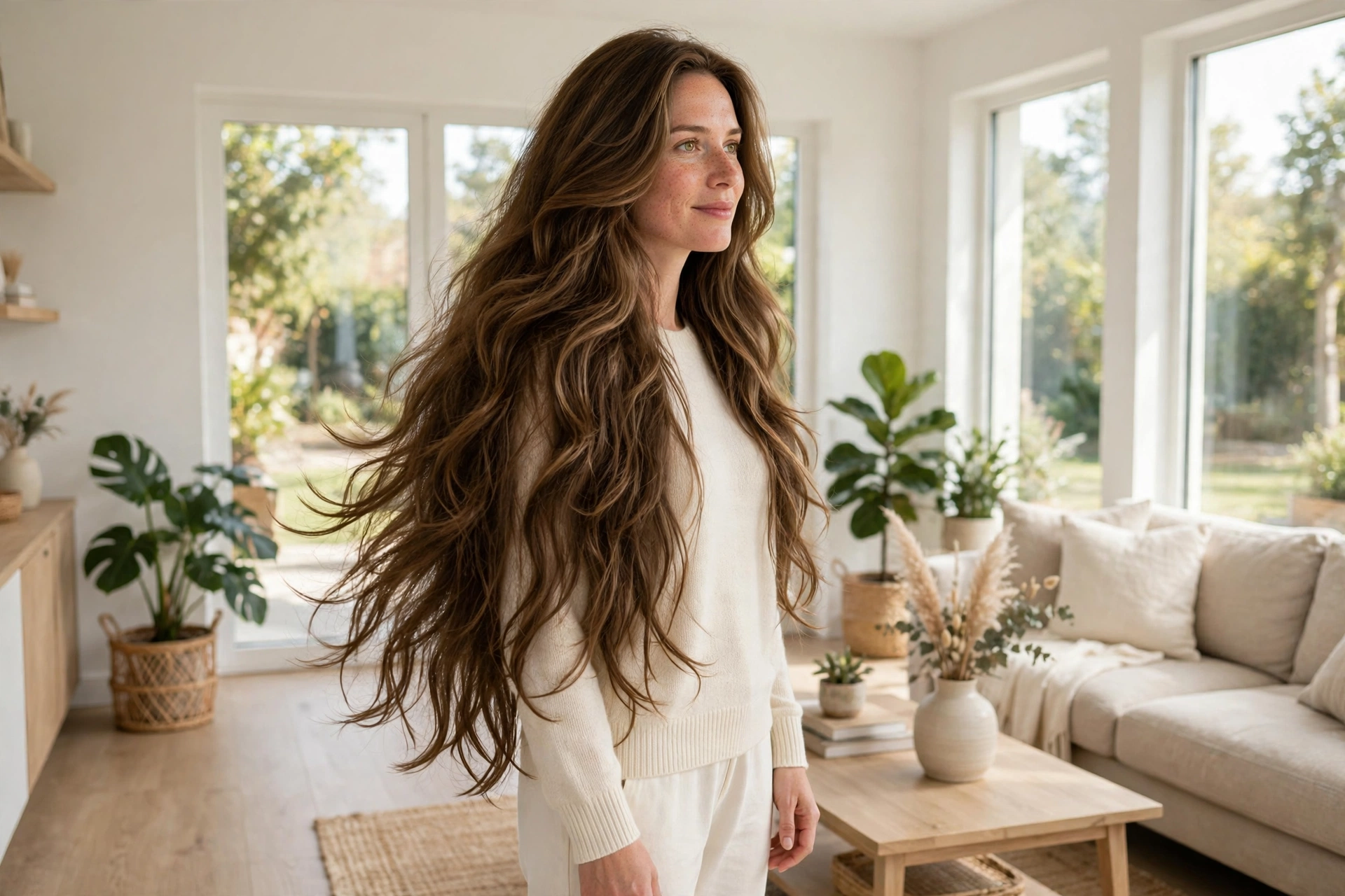 woman with long layered thick hair in bright modern living room, hair falling in full airy layers with natural movement, cream sweater, three-quarter front angle