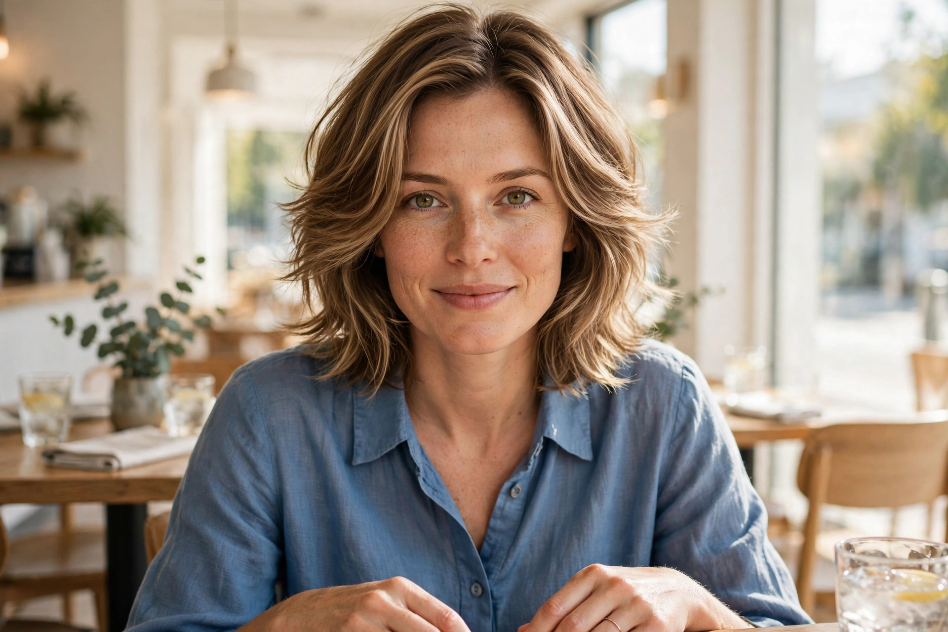 woman with layered lob for thick hair in bright café, hair full but light with internal layers, soft blue blouse, front eye level