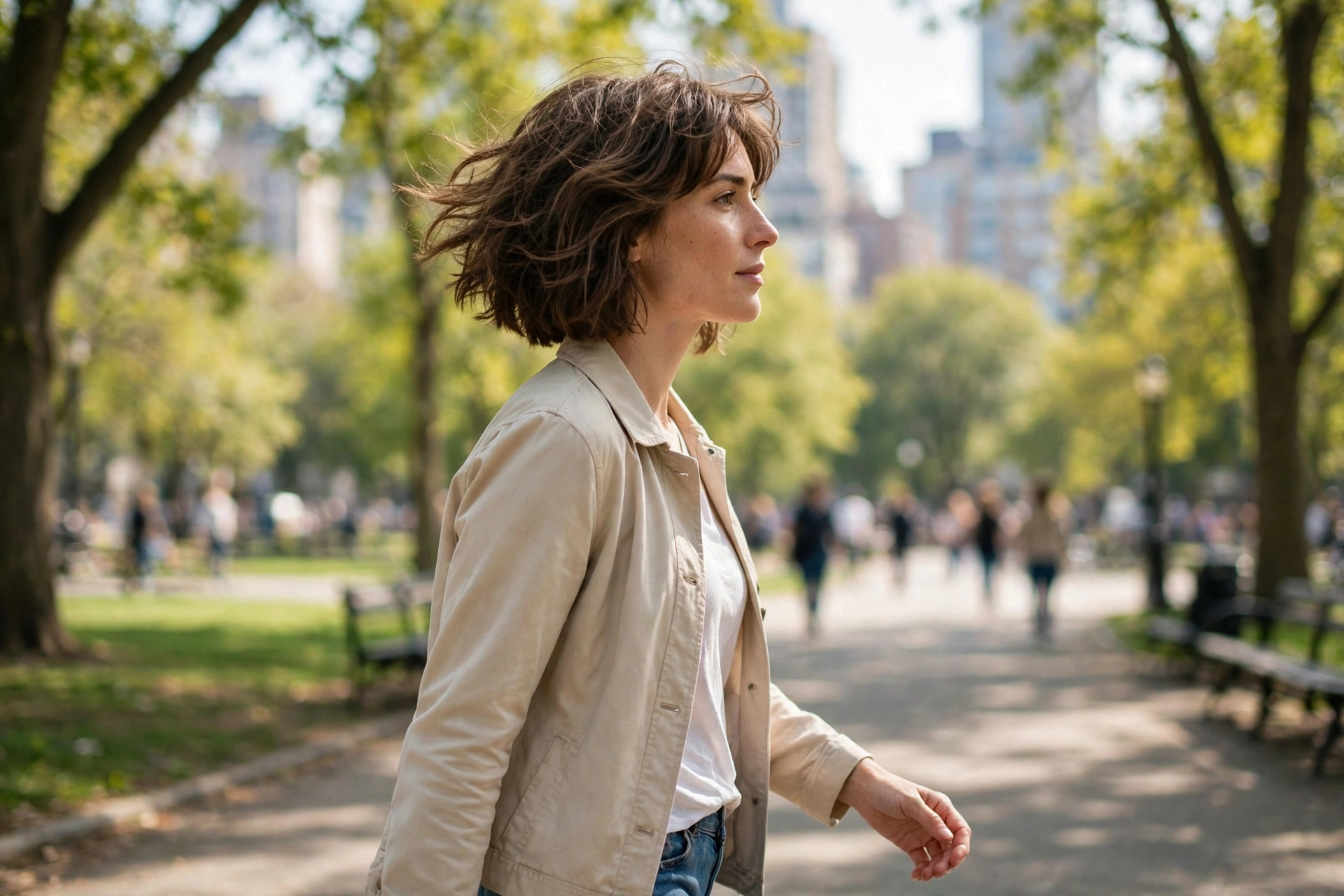 woman with textured bob for thick hair walking bright city park, bob balanced and airy rather than heavy, light jacket, side angle
