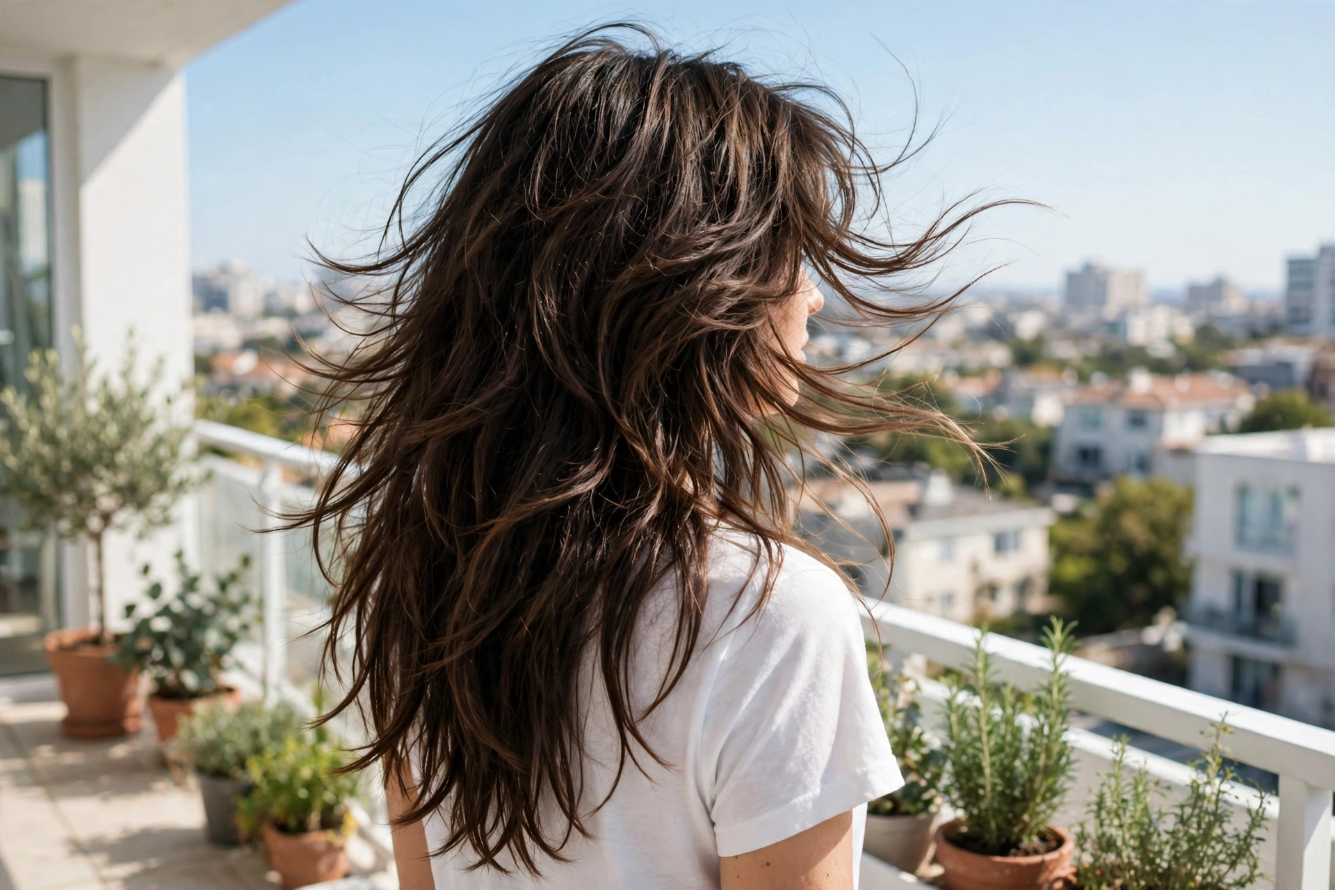 woman with long shag for thick hair on bright balcony, layered hair moving freely in gentle breeze, white top, from behind three-quarter angle