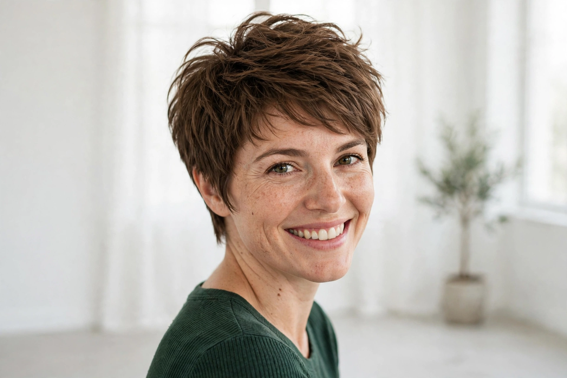 woman with layered pixie for thick hair smiling in bright minimalist studio, short textured layers with lift on top, dark green top, three-quarter angle