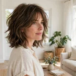 woman with shoulder-length modern shag, soft textured layers, bright airy living room with white walls and natural window light, three-quarter angle