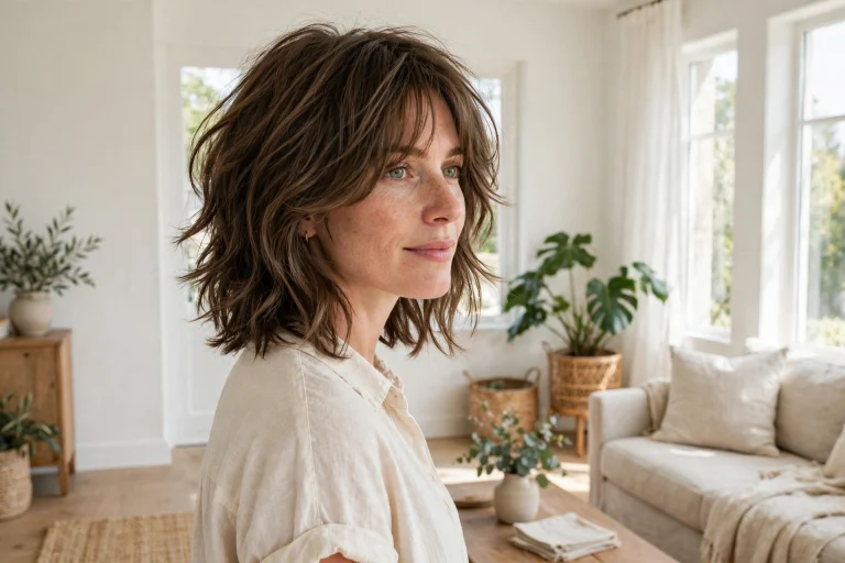 woman with shoulder-length modern shag, soft textured layers, bright airy living room with white walls and natural window light, three-quarter angle