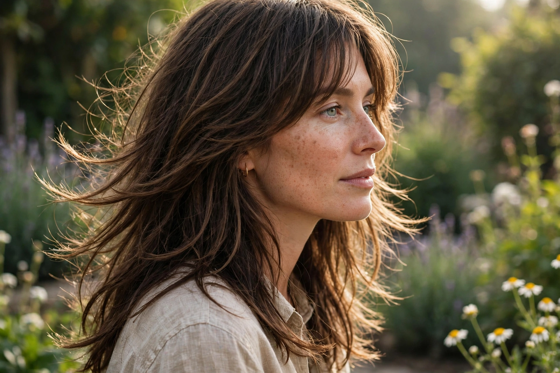 woman with long flowing shag, outdoors soft morning sunlight garden, layered lengths past shoulders, gentle movement, side eye level