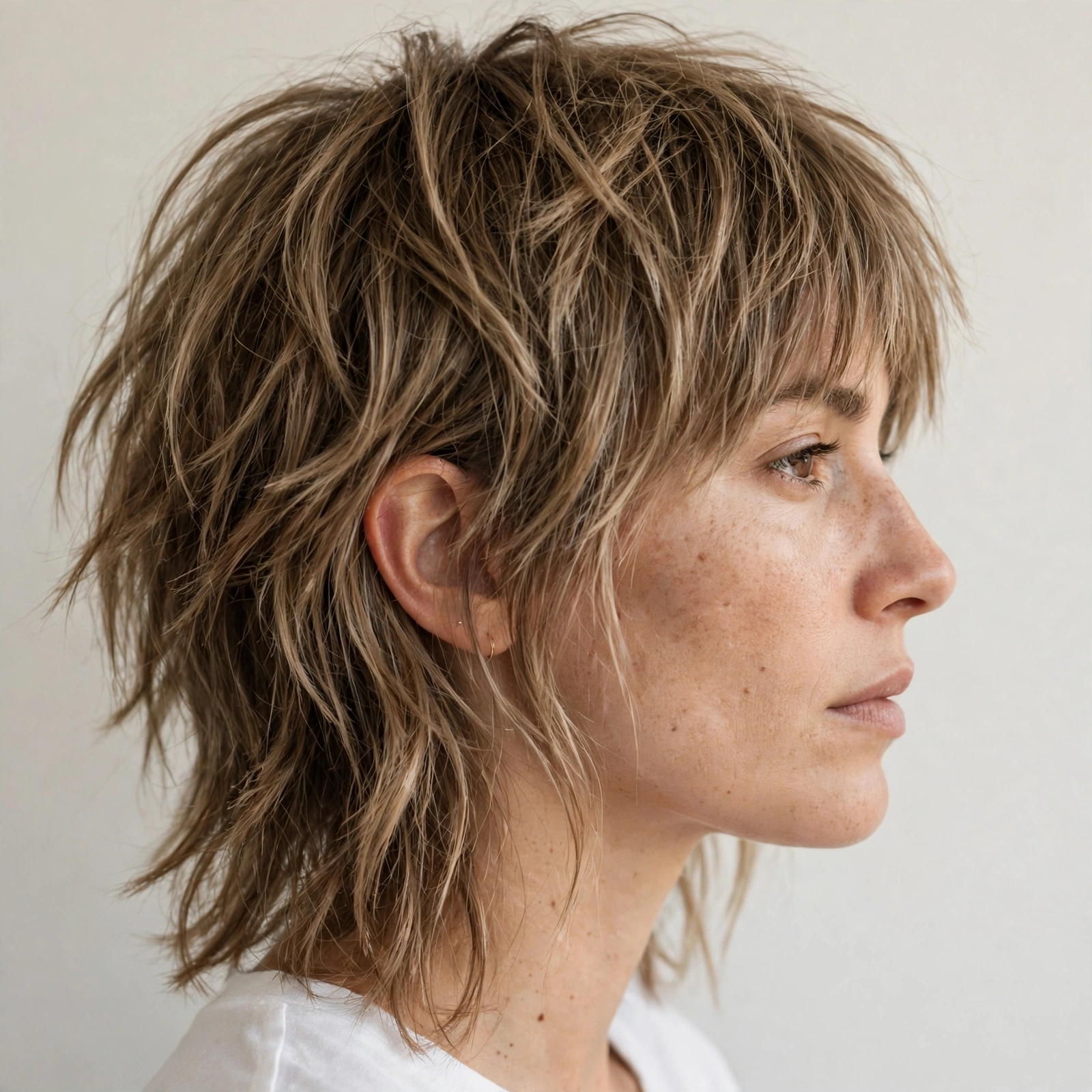 close-up side view of woman with choppy mid-length shag, piecey separated ends, crown layers, light neutral background, soft daylight