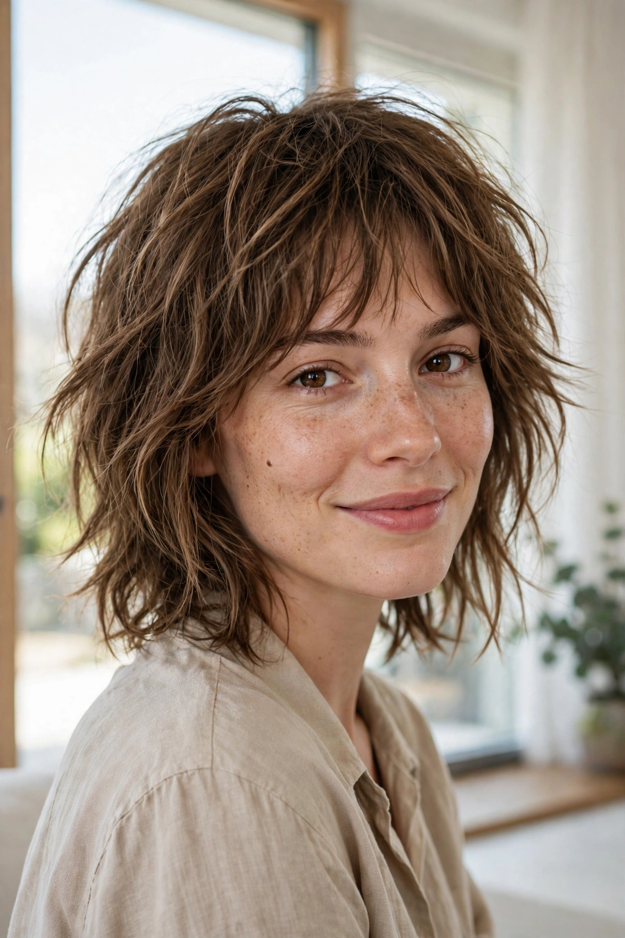 woman with tousled everyday shag smiling softly, indoors near large window, bright even light, relaxed undone texture, front three-quarter angle