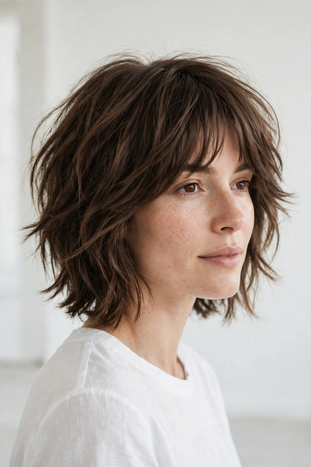woman with polished modern shag, smooth roots and textured ends, bright minimal studio, soft diffused lighting, three-quarter angle