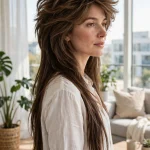 woman with classic wolf cut, voluminous layered crown and long tapered ends, bright modern room with large windows and soft daylight, three-quarter angle
