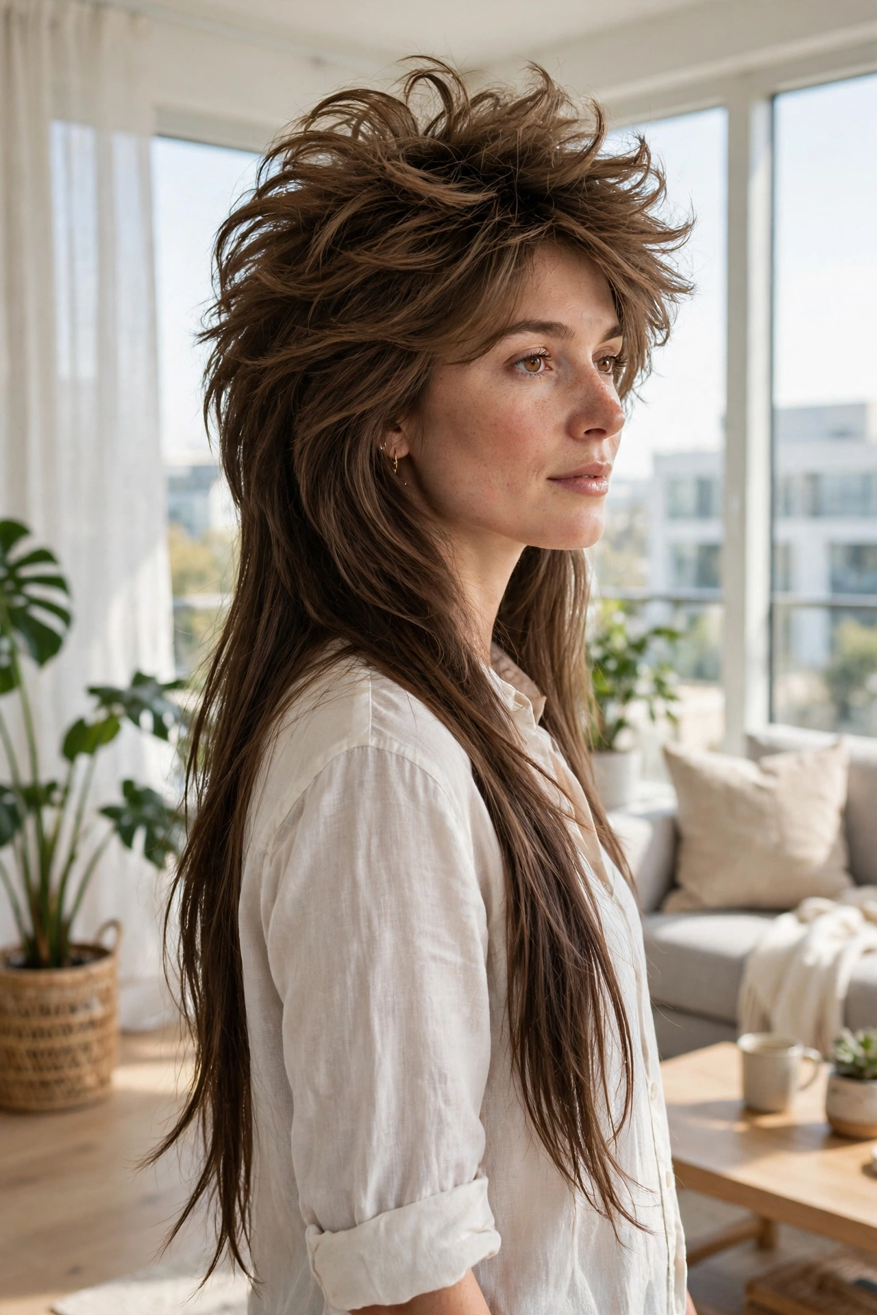 woman with classic wolf cut, voluminous layered crown and long tapered ends, bright modern room with large windows and soft daylight, three-quarter angle