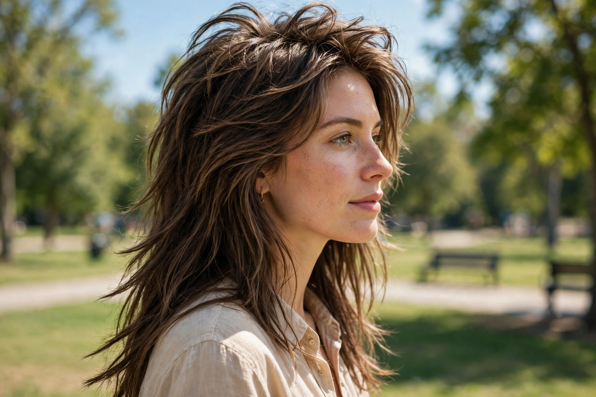 woman with long wolf cut, outdoors bright daylight park, textured tapered ends past shoulders, crown volume, side eye level