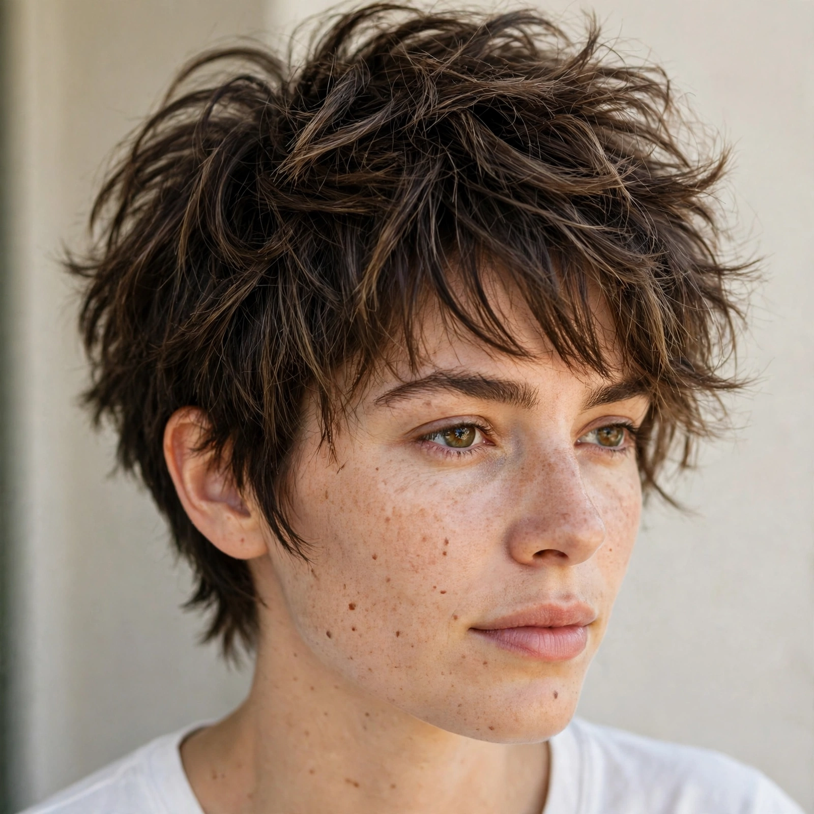close-up of woman with short wolf cut, choppy piecey layers, full crown, light neutral background, soft natural light