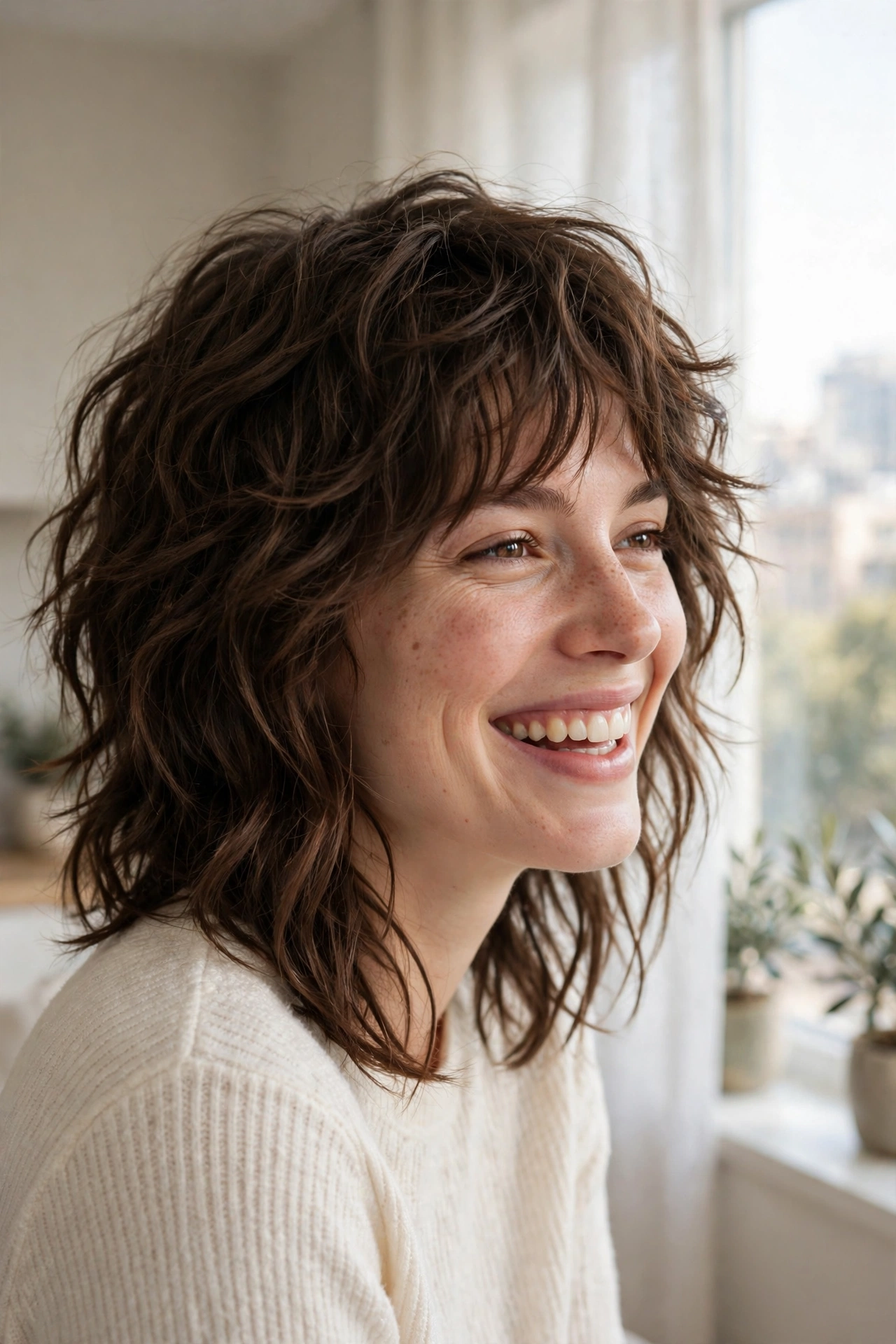woman with wavy wolf cut laughing softly, indoors near bright window, tousled textured layers, front three-quarter angle